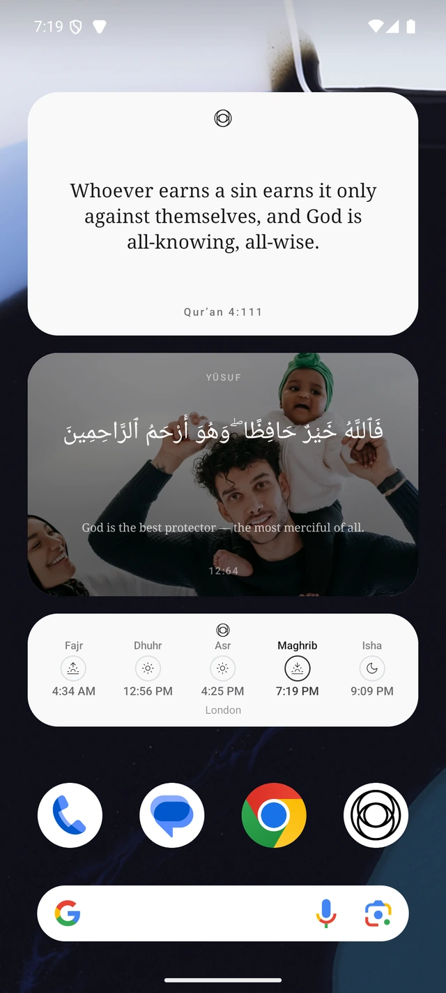 Hikma’s Android home screen with Refuge, daily wisdom and prayer times