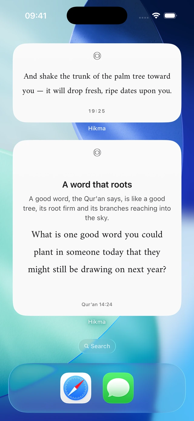 Hikma’s iPhone home screen with the daily verse and a complete daily reflection widget