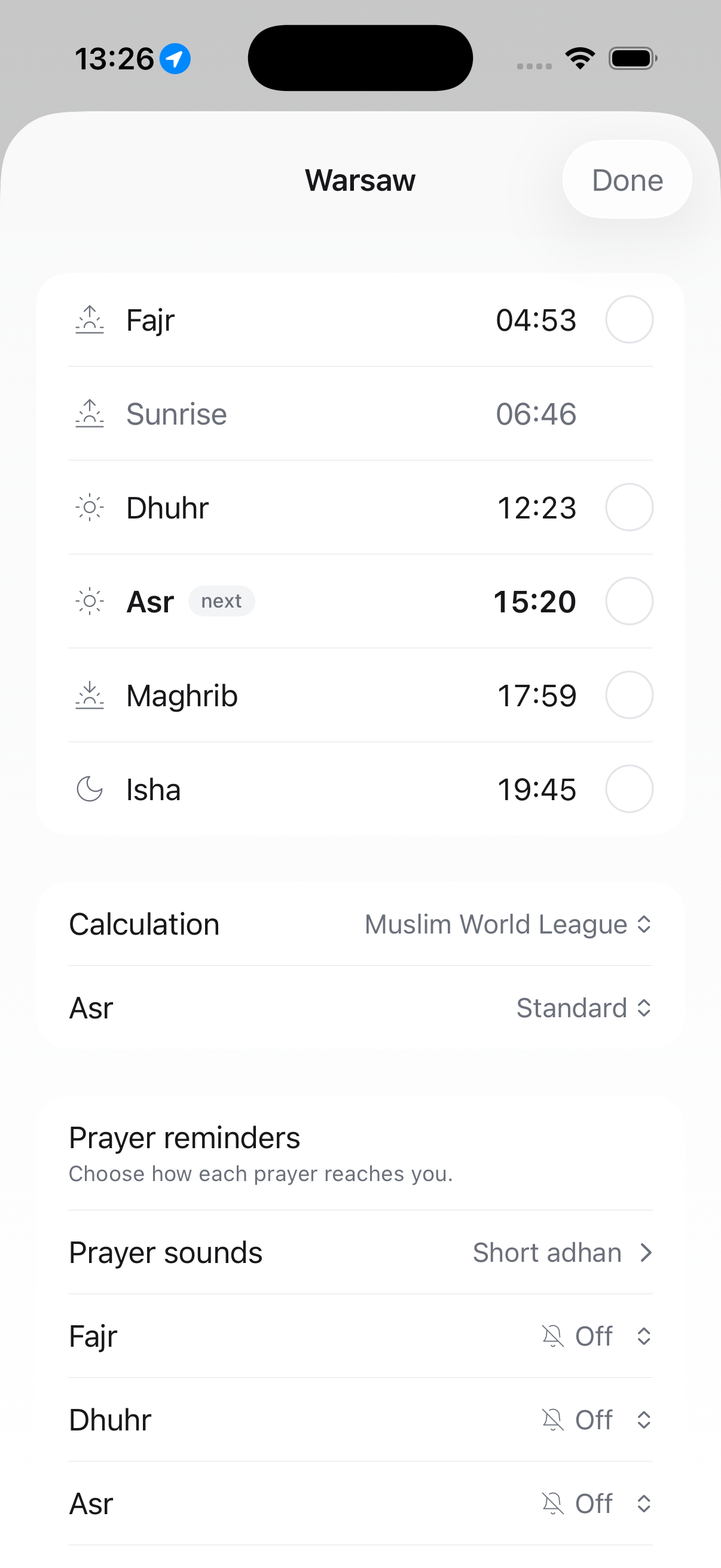 Prayer times and prayer reminder settings in Hikma on iPhone