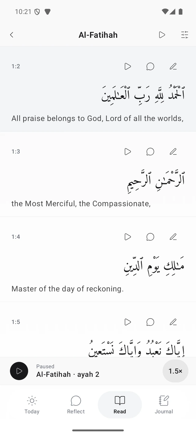 Hikma’s Qur’an reader showing Arabic verses, translation and recitation controls