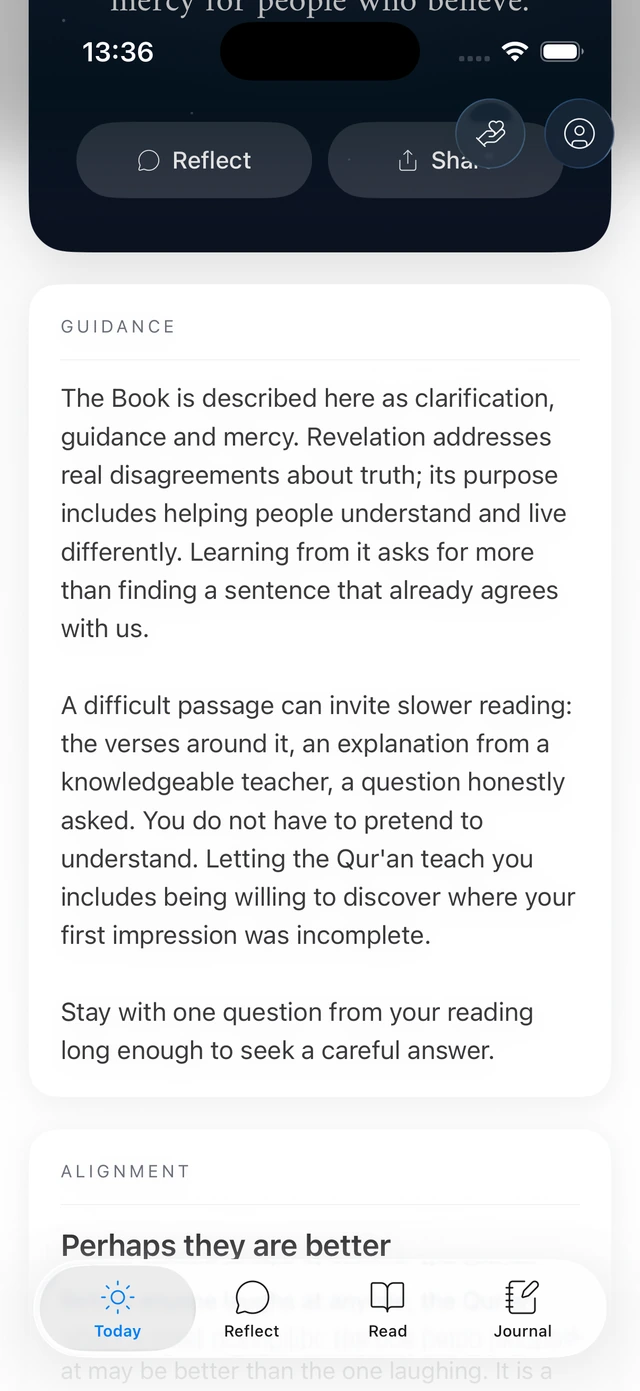 Hikma Today on iPhone showing the corresponding guidance for Qur’an 16:64