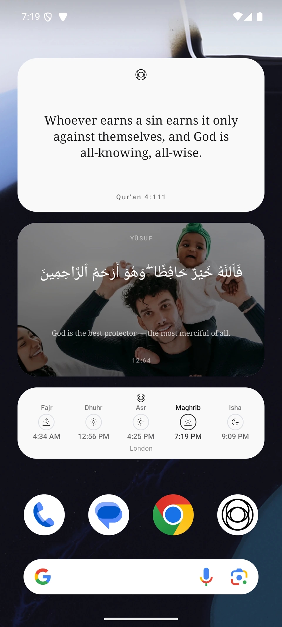 Hikma Daily Wisdom, Refuge and Prayer Times widgets on an Android Home Screen