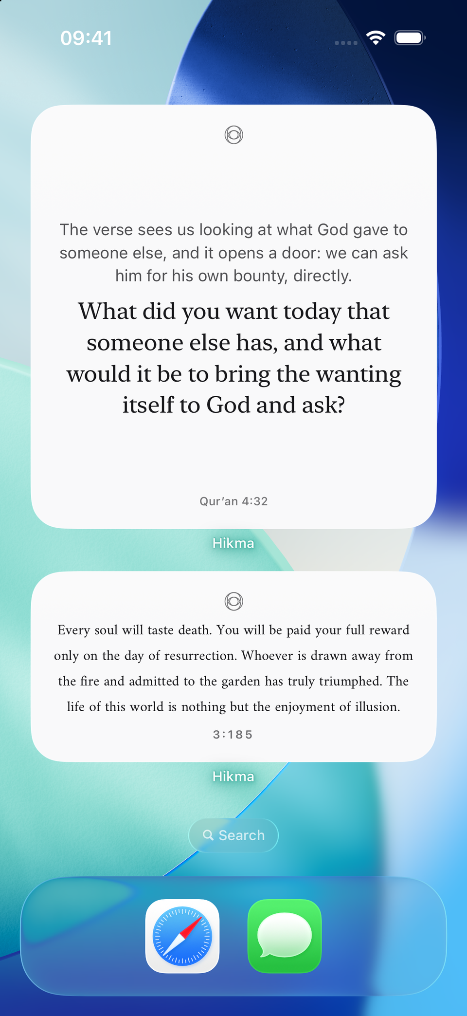A complete iPhone Home Screen with Hikma Daily Wisdom and Daily Reflection widgets