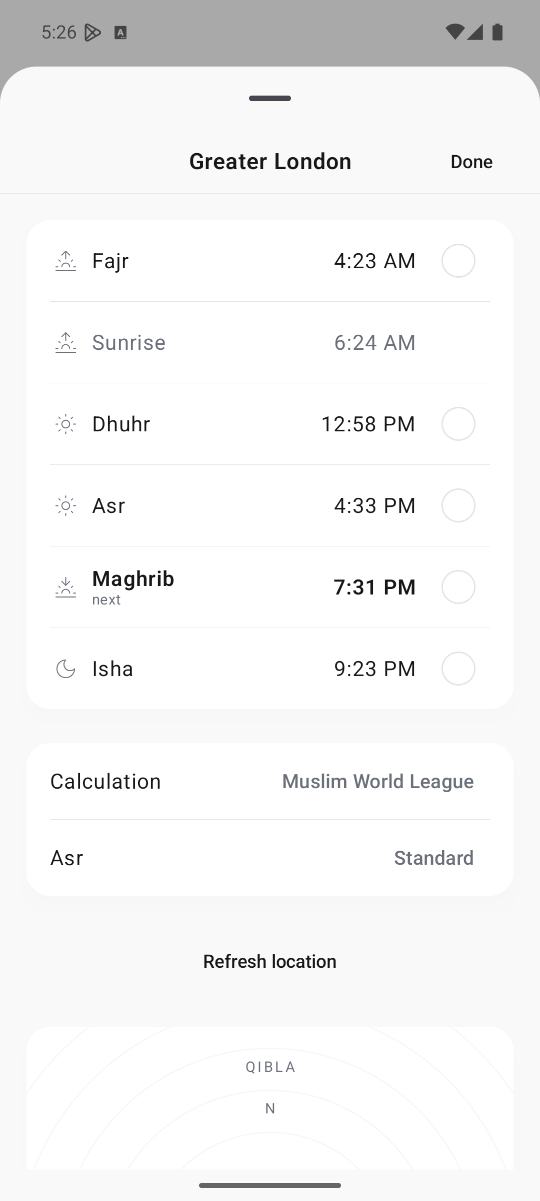 Prayer times and Qibla in Hikma