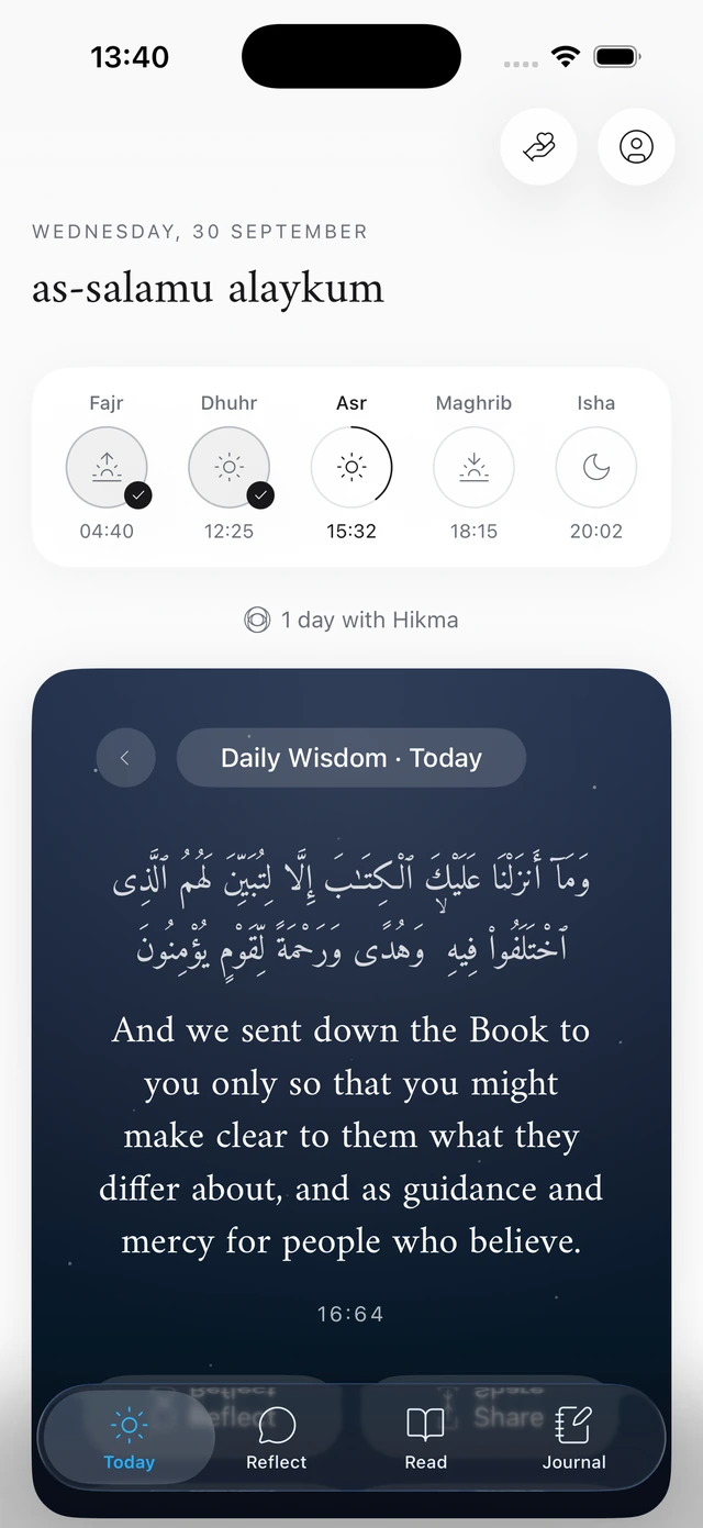 Hikma on iPhone: Fajr and Dhuhr checked off, prayer times and Qur’an 16:64